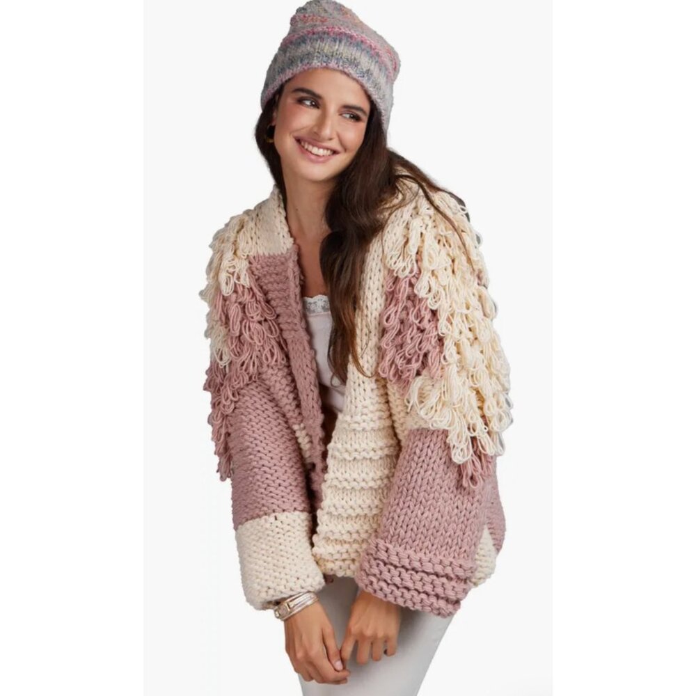 SAACHI Sweaters Colorblock Chunky ivory Knit Cardigan size One NWOT